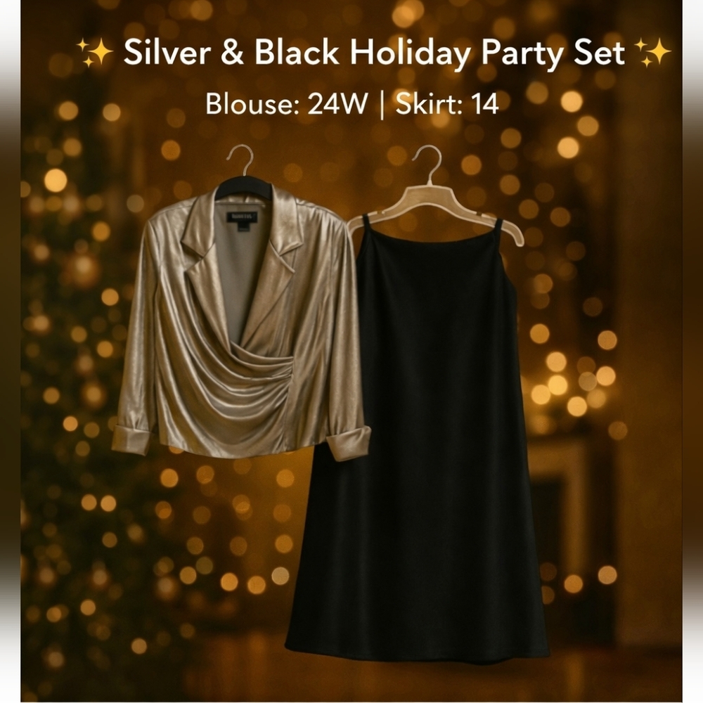 Scott McClintock VNTG '90s Black Maxi Skirt: 14 + Cachet Blouse Silver: 24W Set